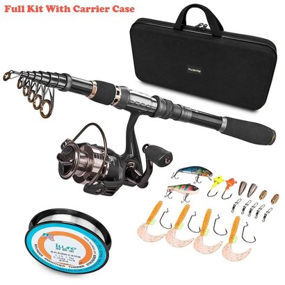 plusinno telescopic fishing rod and ew 300 fishing reel combos full kit with line, lures, hooks, sinker and carrier bag